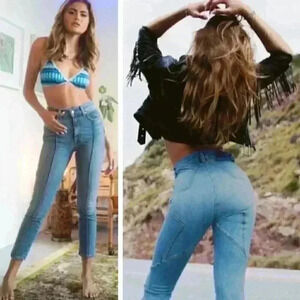 REVICE Denim  Venus Star Crop Jeans Pinstripe Blue Skinny Retro High Rise